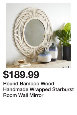 Round Bamboo Wood Handmade Wrapped Starburst Room Wall Mirror