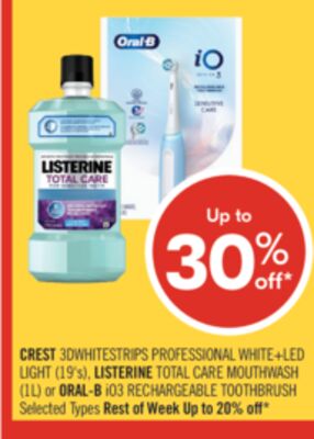 CREST 3DWHITESTRIPS PROFESSIONAL WHITE+LED LIGHT (19's), LISTERINE TOTAL CARE MOUTHWASH (1L) or ORAL-B iO3 RECHARGEABLE TOOTHBRUSH