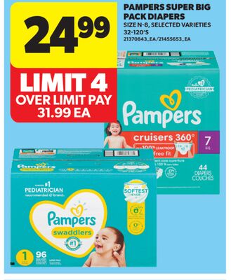 PAMPERS SUPER BIG PACK DIAPERS, 32-120'S