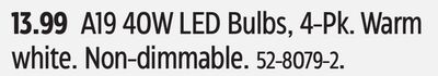 A19 40W LED Bulbs, 4-Pk