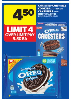 CHRISTIE FAMILY SIZE COOKIES, 374-488 G OR CAKESTERS, 285 G