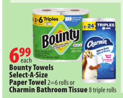 Bounty Towels Select-A-Size Paper Towel 2 = 6 rolls or Charmin Bathroom Tissue 8 triple rolls