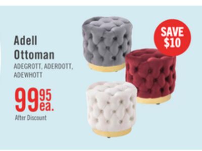 Adell 17" Round Fabric Ottoman with Gold Base - Grey