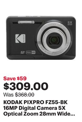 KODAK PIXPRO FZ55-BK 16MP Digital Camera 5X Optical Zoom 28mm Wide Angle 1080P Full HD Video 2.7" LCD Vlogging Camera (Black)