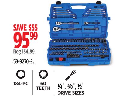 Mastercraft 184-PC | 60 TEETH | 1/4", 3/8", 1/2" DRIVE SIZES