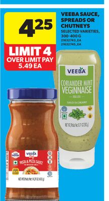 VEEBA SAUCE, SPREADS OR CHUTNEYS, 300-400 G