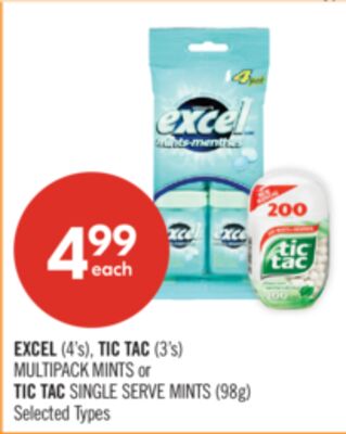 EXCEL (4's), TIC TAC (3's) MULTIPACK MINTS or TIC TAC SINGLE SERVE MINTS (98g)