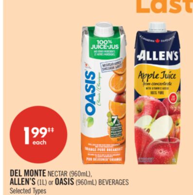 DEL MONTE NECTAR (960mL), ALLEN'S (1L) or OASIS (960mL) BEVERAGES