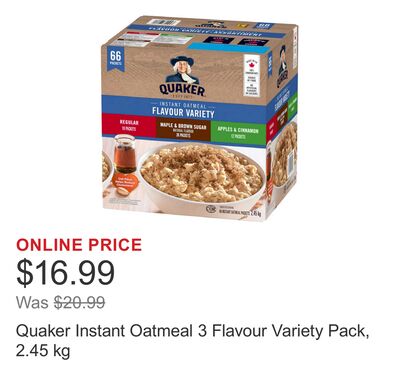 Quaker Instant Oatmeal 3 Flavour Variety Pack, 2.45 kg
