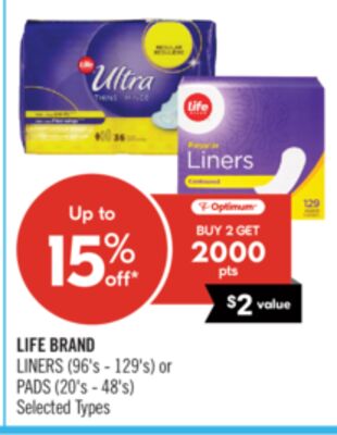 LIFE BRAND LINERS (96's - 129's) or PADS (20's - 48's)