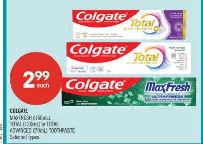 COLGATE MAXFRESH (150mL), TOTAL (120mL) or TOTAL ADVANCED (70mL) TOOTHPASTE