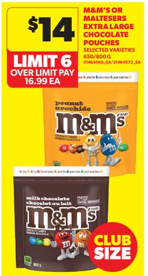 M&M'S OR MALTESERS EXTRA LARGE CHOCOLATE POUCHES, 650/800 G