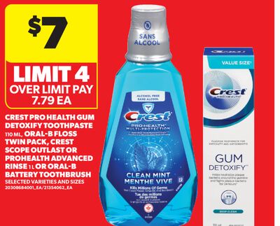CREST PRO HEALTH GUM DETOXIFY TOOTHPASTE, 110 ML, ORAL-B FLOSS TWIN PACK, CREST SCOPE OUTLAST OR PROHEALTH ADVANCED RINSE, 1 L OR ORAL-B BATTERY TOOTHBRUSH