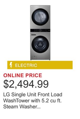 LG Single Unit Front Load WashTower with 5.2 cu ft. Steam Washer and 7.4 cu ft. Electric Steam Dryer