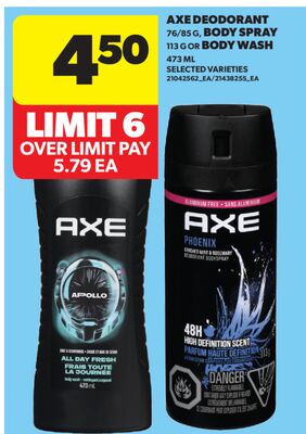 AXE DEODORANT, 76/85 G, BODY SPRAY 113 G OR BODY WASH, 473 ML