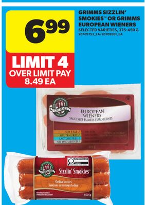 GRIMMS SIZZLIN' SMOKIES™ OR GRIMMS EUROPEAN WIENERS, 375-450 G