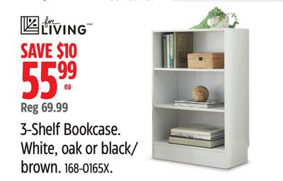 For Living 3-Shelf Bookcase. White, oak or black/ brown.
