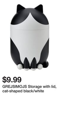 GREJSIMOJS Storage with lid, cat-shaped black/white