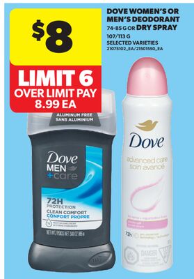 DOVE WOMEN'S OR MEN'S DEODORANT, 74-85 G OR DRY SPRAY, 107/113 G