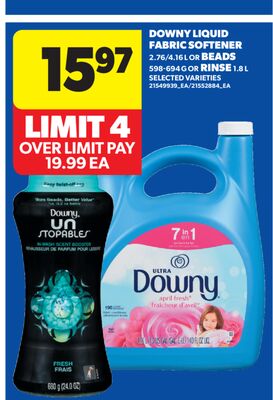 DOWNY LIQUID FABRIC SOFTENER, 2.76/4.16 L OR BEADS, 598-694 G OR RINSE, 1.8 L