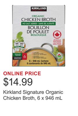 Kirkland Signature Organic Chicken Broth, 6 x 946 mL
