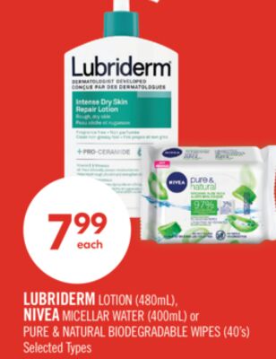 LUBRIDERM Lotion (480 mL). NIVEA Micellar Water (400 mL). Pure & Natural Biodegradable Wipes (40s).