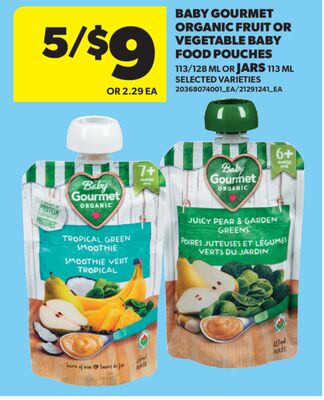 BABY GOURMET ORGANIC FRUIT OR VEGETABLE BABY FOOD POUCHES 113/128 ML OR JARS 113 ML