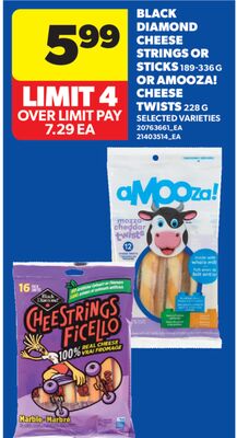 BLACK DIAMOND CHEESE STRINGS OR STICKS, 189-336 G OR AMOOZA! CHEESE TWISTS, 228 G