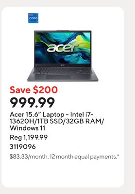 Acer 15.6" Laptop - Intel i7-13620H/1TB SSD/32GB RAM/Windows 11
