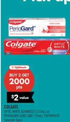 COLGATE OPTIC WHITE ADVANCED (133mL) or PERIOGARD GUM CARE (70mL) TOOTHPASTE