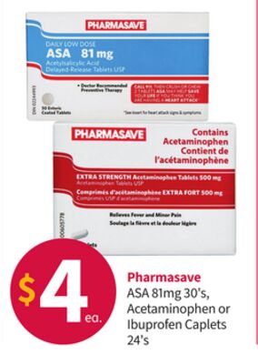 Pharmasave ASA 81mg 30's, Acetaminophen or Ibuprofen Caplets 24's