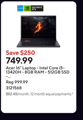 Acer 16" Laptop - Intel Core i5-13420H - 8GB RAM - 512GB SSD - NVIDIA GeForce RTX 3050 - Windows 11 - Black