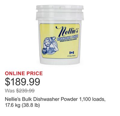 Nellie's Bulk Dishwasher Powder 1,100 loads, 17.6 kg (38.8 lb)