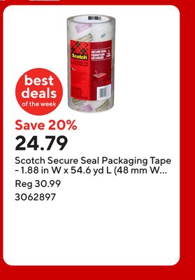 Scotch Secure Seal Packaging Tape - 1.88 in W x 54.6 yd L (48 mm W x 50 m L) - 4 Roll pk
