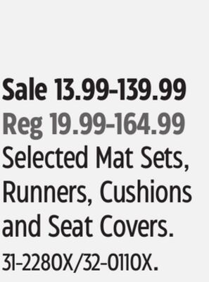 MotoMaster Selected Mat Sets, Runners, Cushions and Seat Covers