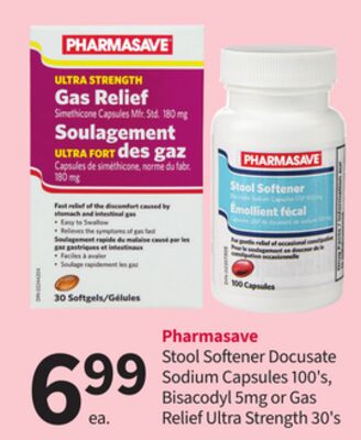 Pharmasave Stool Softener Docusate Sodium Capsules 100's, Bisacodyl 5mg or Gas Relief Ultra Strength 30's