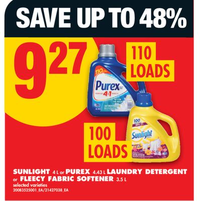SUNLIGHT, 4 L OR PUREX ,4.43 L LAUNDRY DETERGENT, OR FLEECY FABRIC SOFTENER, 3.5 L