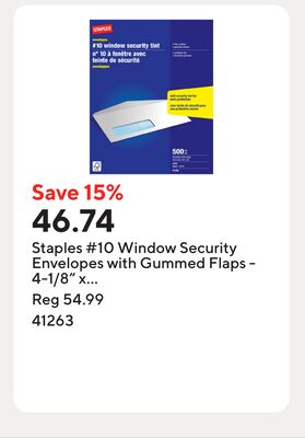 Staples #10 Window Security Envelopes with Gummed Flaps - 4-1/8" x 9-1/2" - White - 500 Pack
