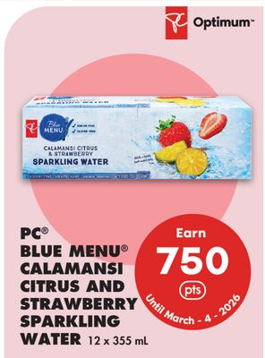 PC® BLUE MENU® CALAMANSI CITRUS AND STRAWBERRY SPARKLING WATER, 12 X 355 ML