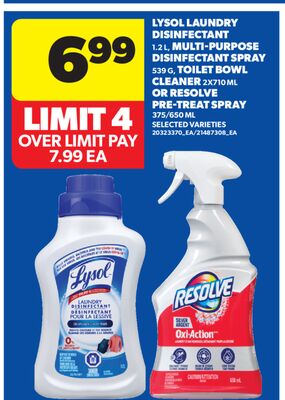 LYSOL LAUNDRY DISINFECTANT, 1.2 L, MULTI-PURPOSE DISINFECTANT SPRAY, 539 G, TOILET BOWL CLEANER, 2X710 ML OR RESOLVE PRE-TREAT SPRAY, 375/650 ML