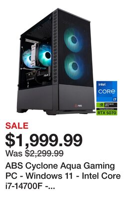 ABS Cyclone Aqua Gaming PC - Windows 11 - Intel Core i7-14700F - GeForce RTX 5070 - DLSS 4 - AI-Powered Performance - 32GB DDR5 6400MHz - 1TB M.2 SSD