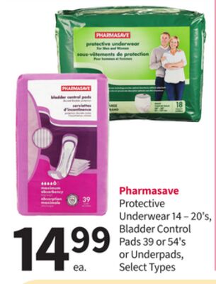 Pharmasave Protective Underwear 14 – 20's, Bladder Control Pads 39 or 54's or Underpads