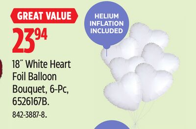 18˝ White Heart Foil Balloon Bouquet, 6-Pc,