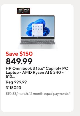 HP Omnibook 3 15.6" Copilot+ PC Laptop - AMD Ryzen AI 5 340 - 512 GB SSD - 16 GB RAM - Windows 11 Home