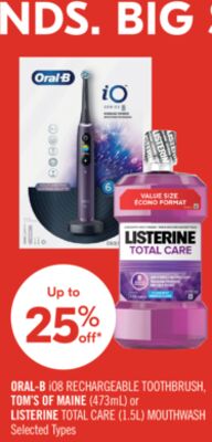 ORAL-B iO8 RECHARGEABLE TOOTHBRUSH, TOM'S OF MAINE (473mL) or LISTERINE TOTAL CARE (1.5L) MOUTHWASH