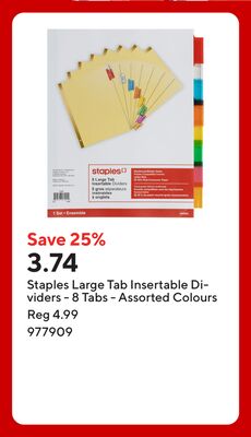 Staples Large Tab Insertable Dividers - 8 Tabs - Assorted Colours