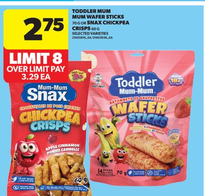 TODDLER MUM MUM WAFER STICKS, 70 G OR SNAX CHICKPEA CRISPS, 60 G