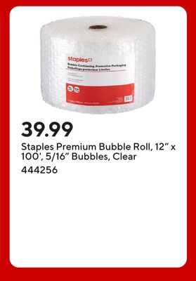 Staples Premium Bubble Roll, 12" x 100', 5/16" Bubbles, Clear