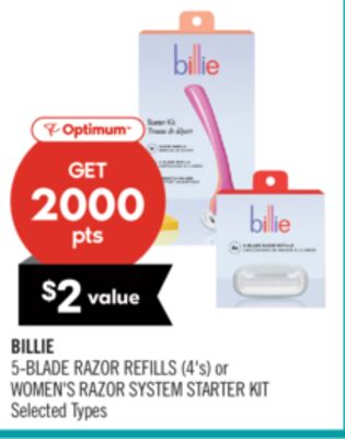 BILLIE 5-BLADE RAZOR REFILLS (4's) or WOMEN'S RAZOR SYSTEM STARTER KIT