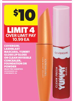 COVERGIRL LASHBLAST MASCARA, YUMMY GLOSS LIP GLOSS OR CLEAN INVISIBLE CONCEALER, FOUNDATION OR POWDER